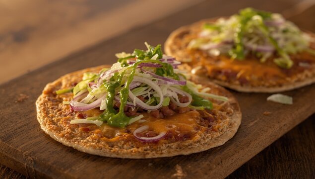 Fresh traditional sopes topped with cheese lettuce onions refried beans and green sauce