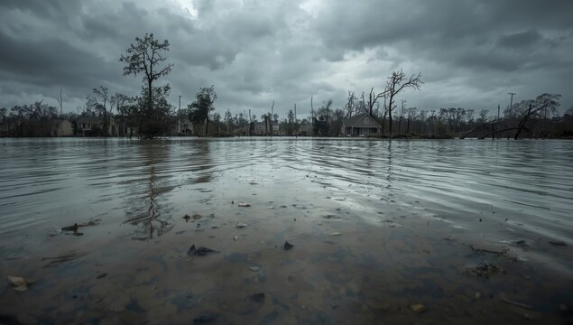 Floodwaters spreading from torrential downburst rain event with copy space
