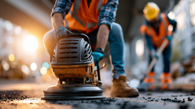 Road crew compacting asphalt with a vibrating plate compactor while another worker levels tarmac with a shovel near a bridge project, asphalt compaction, teamwork, road workers, bridge
