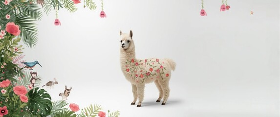 Naklejka premium Cute artistic portrayal of a floral decorated llama with a childlike feel on a white backdrop featuring wild animals and charming pink poppy details
