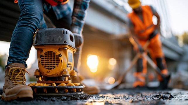 Road crew compacting asphalt with a vibrating plate compactor while another worker levels tarmac with a shovel near a bridge project, asphalt compaction, teamwork, road workers, bridge