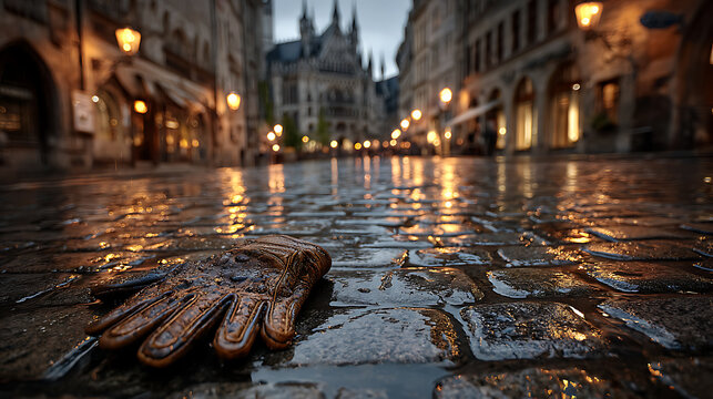 Brown leather glove on wet cobblestone street in city