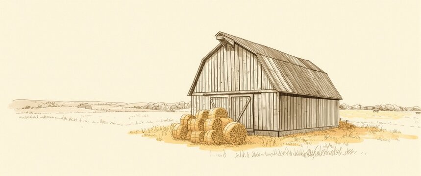 Hand drawn style barnyard with wooden building and grouped square hay bales
