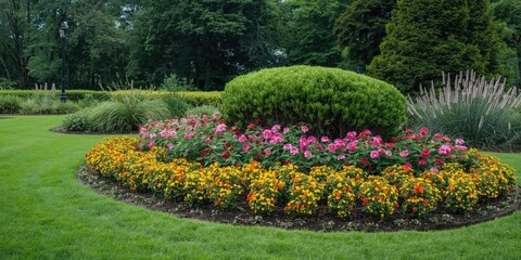 Obraz premium Colorful flower beds and diverse shrubs in a landscaped park with copy space for text