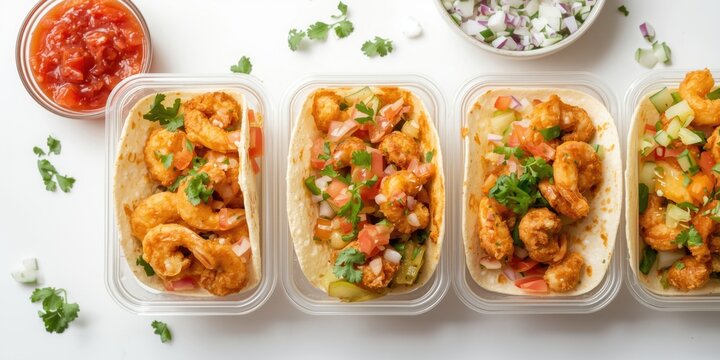Crispy fried shrimp tacos alongside fresh salsa and diced veggies in transparent containers with white background for text