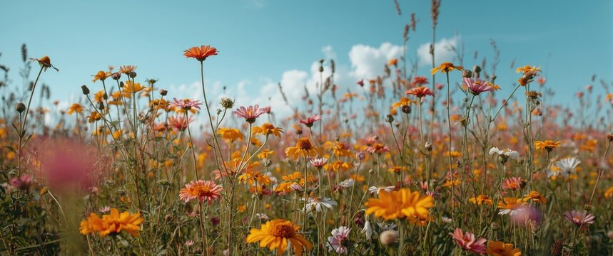 Colorful midsummer flower field with diverse blooms set against a clear blue background displaying nature's charm