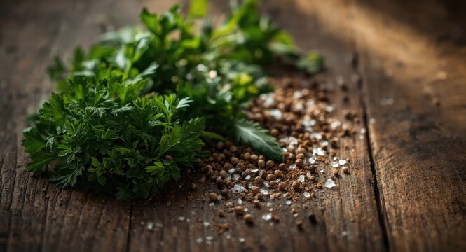 Fresh herbs including parsley and mint with salt and pepper seasoning on rustic wooden surface