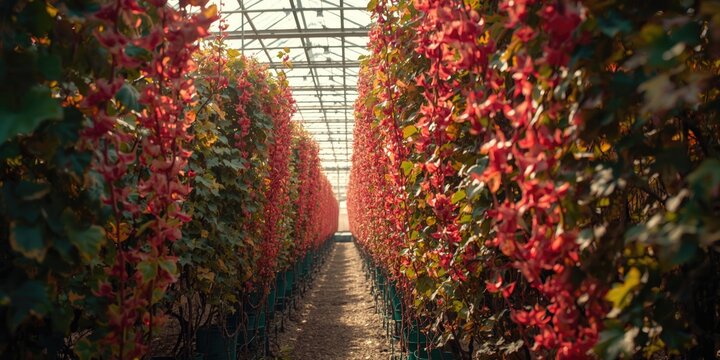 Gloriosa superba vines flourishing under greenhouse conditions with filtered sunlight