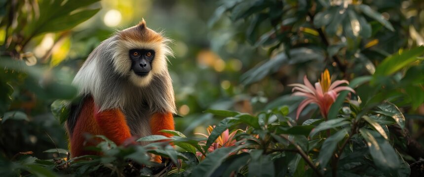 Detailed image of an endemic red shanked douc langur langur amid lush tropical foliage