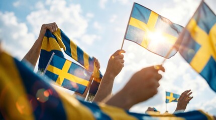 Fototapeta na wymiar Swedish Football Fans Celebrating a Historic Victory with Trophy, Flags, Scarves, and Viking Helmets After Becoming International Champions.