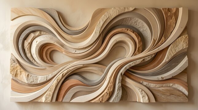 Abstract Organic Wave Line Bas Relief Wall Sculpture Premium Sandstone Gypsum Textured Panel Multi Color Earth Tone Architectural Decorative Art
