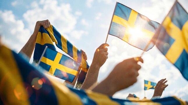 Swedish Football Fans Celebrating a Historic Victory with Trophy, Flags, Scarves, and Viking Helmets After Becoming International Champions.