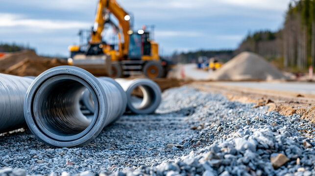 Large-scale road construction site with fresh gravel base, concrete pipes, sand piles, and earthmoving machinery preparing drainage beneath a future highway, road drainage, culvert
