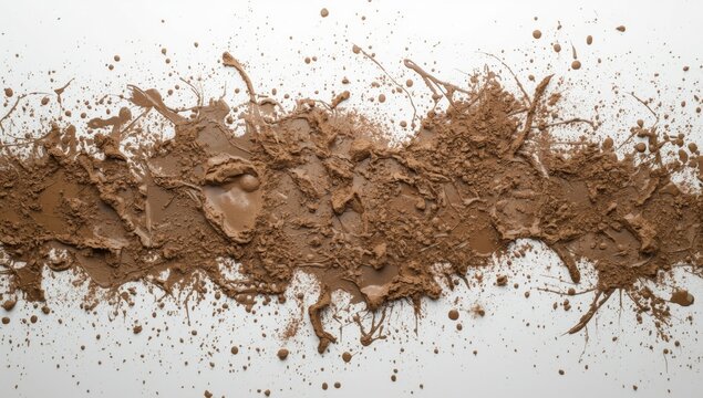 Detailed view of mud splatter spread on plain white backdrop with clipping path