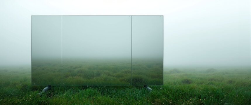 Glass surface of a white rectangular billboard shows reflections of grass in a foggy landscape