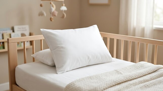 White baby pillowcase mockup on wooden crib in cozy nursery interior featuring soft textile bedding fabric nursery decor