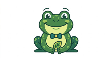 Obraz premium Cute cartoon frog wearing a bow tie and holding a leaf.