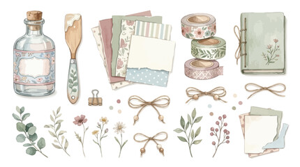 A collection of crafting supplies including a glass bottle, spatula, washi tape, notebook, and floral elements for scrapbooking and journaling. © Terra