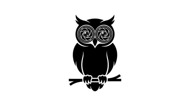 Stylized Owl Silhouette with Camera Lens Eyes Perched on Branch.