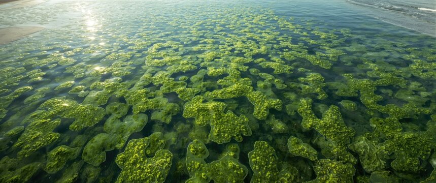 Elevated view of radiant algae growth emphasizing ecological coastal features