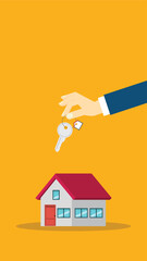Naklejka premium Hand holding key over the house. Buying house vector 