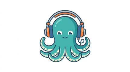 Cute cartoon octopus wearing headphones listening to music. © Areda