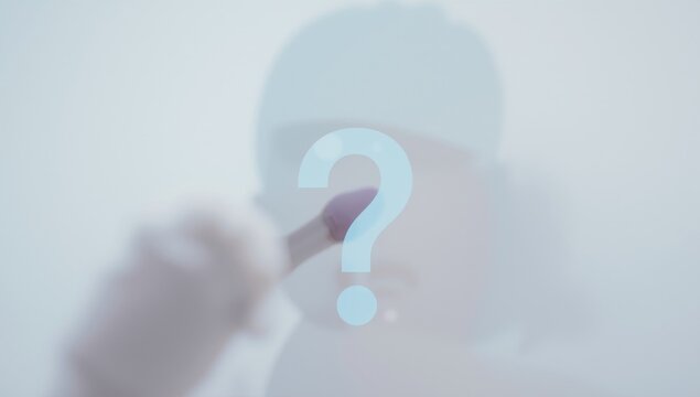 Double exposure creative visualization of question mark symbol on digital device