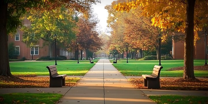 Autumn campus walkway lined with colorful trees and park benches awaits students.