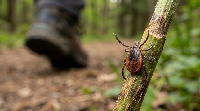 Dangerous tick on a branch in the foreground with a hiker boot walking in the background