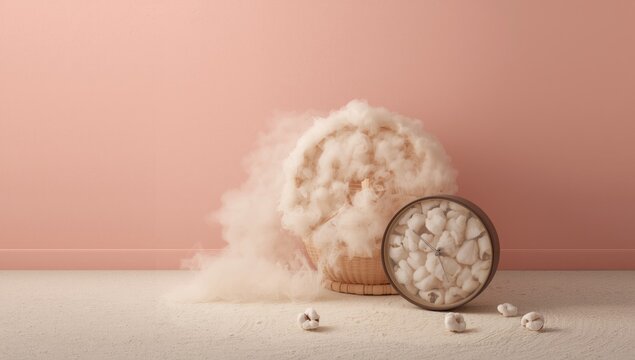 Dusty cotton fiber processing equipment placed on floor with soft toned pastel background and copy space