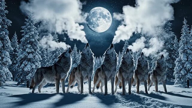 Wolf Pack Howling Under Full Moon in Snowy Forest