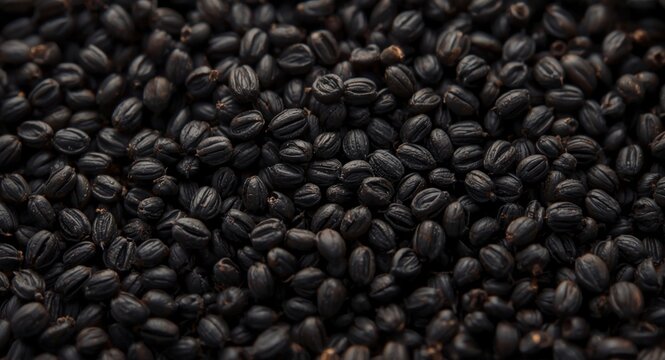 Extreme close up of black cumin seeds texture with detailed surface