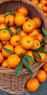 Basket Filled with Fresh Ripe Oranges and Green Leaves
