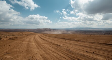 Obraz premium Expansive dirt terrain with rolling hills and cloud filled sky highlighting open land for development potential
