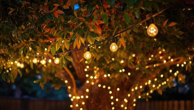 Decorative bulbs on string lights illuminating a backyard tree during outdoor celebration