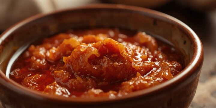 Close up photograph of spicy ginger and garlic paste in ceramic bowl with focused detail