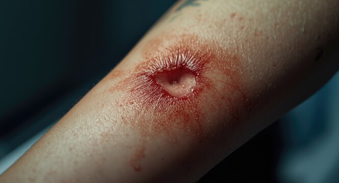 Detailed close up of arm injury with peroxide chemical burn and cut healing process