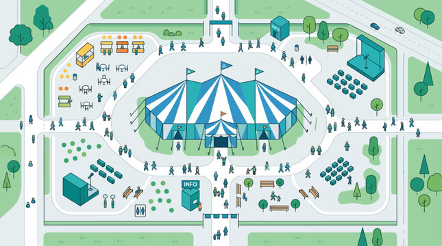 This flat design vector illustration presents an overhead view of a stylized festival tent and surrounding area, capturing the organized energy of an Edinburgh International Festival venue. 
