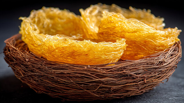 Edible bird nests crafted from swiftlet saliva arranged in a decorative wooden