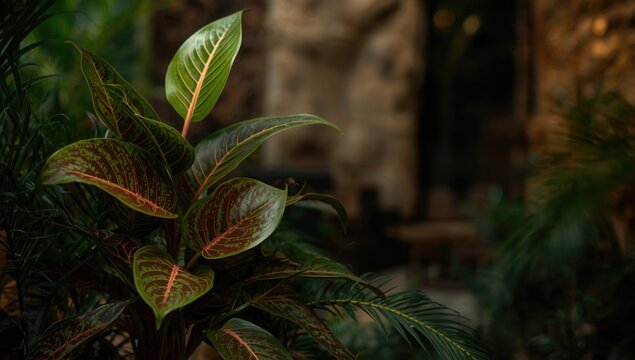 Green and red keladi leaves in tropical indoor environment