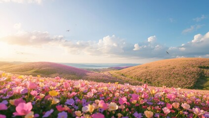 Obraz premium Flower covered hills beneath glowing light and scattered white clouds