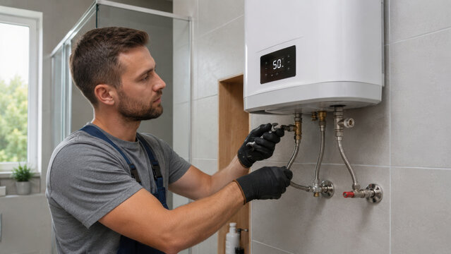 Professional plumber repair maintenance hot water boiler technician bathroom safety tool installation service concept