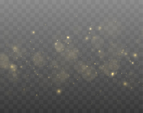 Luxury glowing dust shines with elegant golden reflections. Bright particles float through the air like magical fireworks. Transparent light effects create a dreamy background.