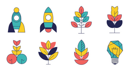 A vibrant illustration of various plants and a rocket ship surrounded by colorful leaves and bulbs in a lively graphic design. © reyro22