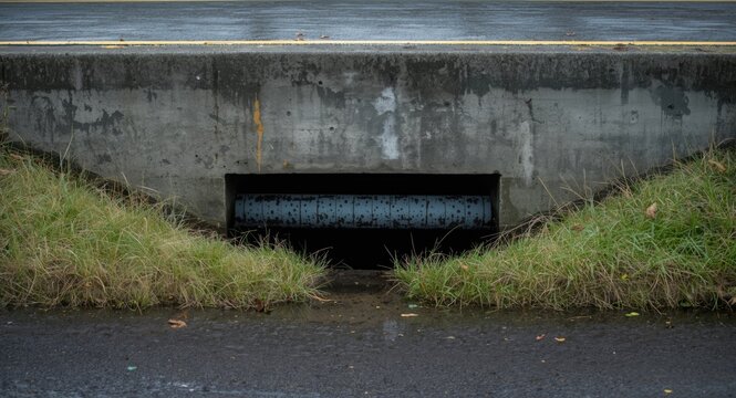 Concrete drainage headwall with horizontal pipe under street rainwater culvert
