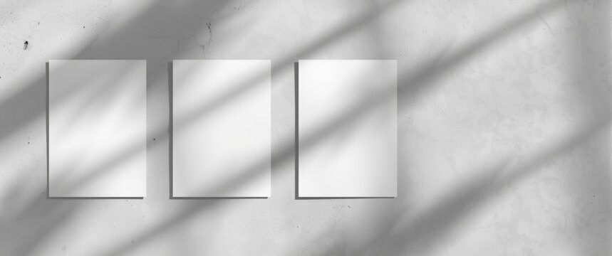 Flat lay shot of empty square flyers casting soft shadows on a textured pale grey background