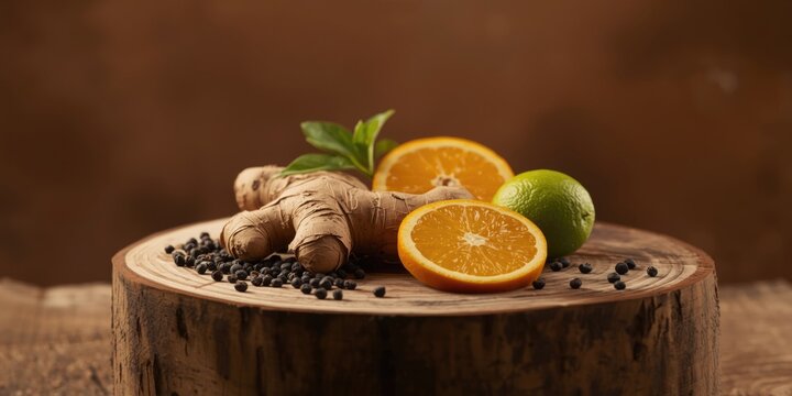 Fragrant wooden stump display combining ginger peppercorns orange and lime for massage oil inspiration