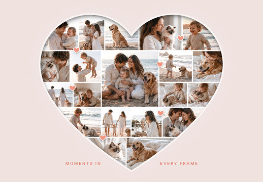 Love Heart Photo Collage Template, Love Memory Frame Poster, Family Wedding Anniversary Photo Grid