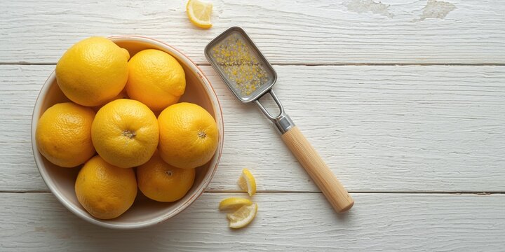 Fresh lemons accompanied by a citrus zester and lemon peel shards in a bowl over white wood planks