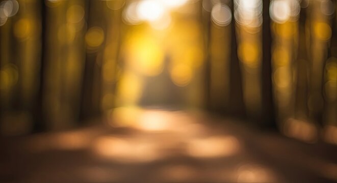 Blurred Forest Path with Golden Sunlight and Bokeh Effect.